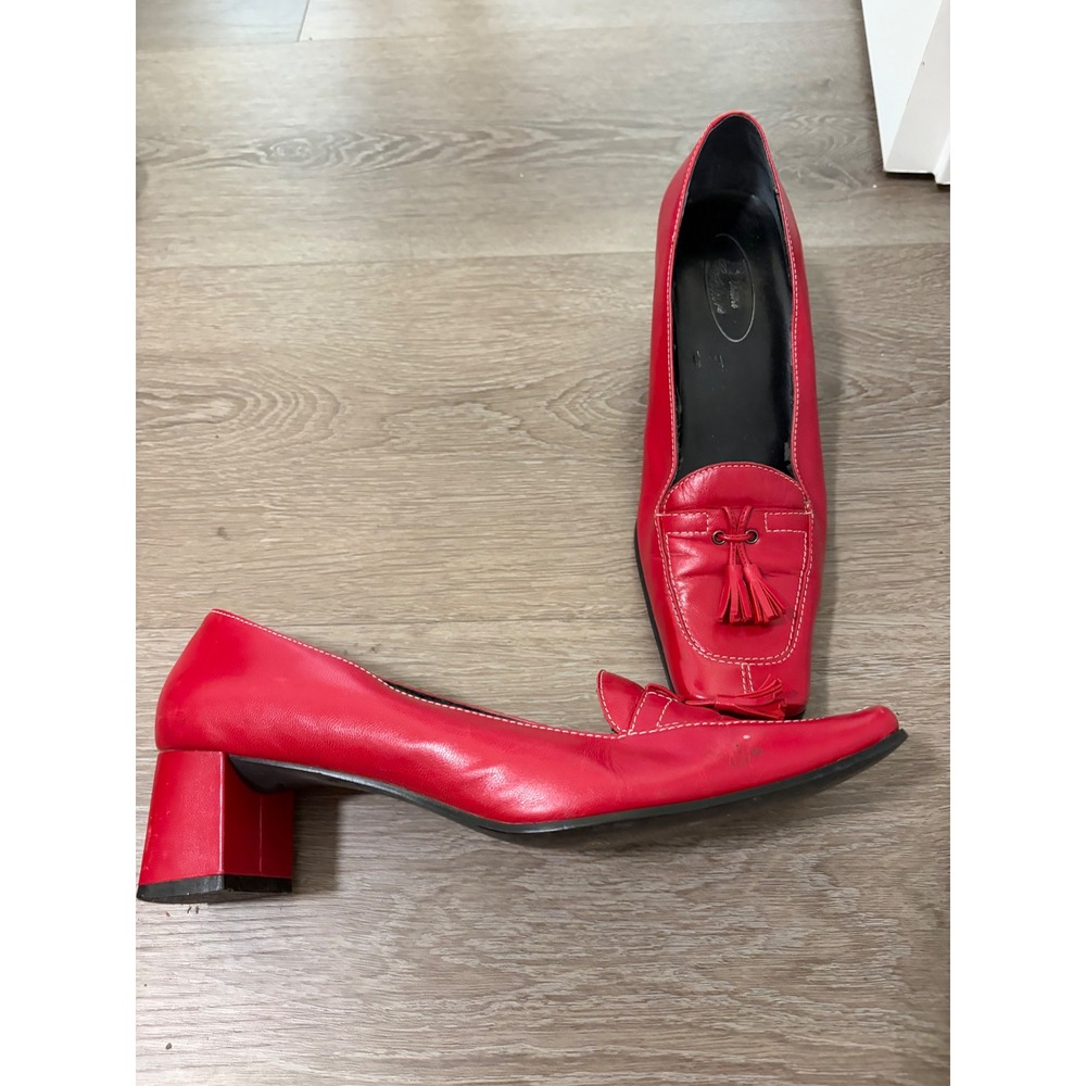 B. Brown Couture Womens Red Leather Tassel Square Toe Block Heel Loafers Size 8B